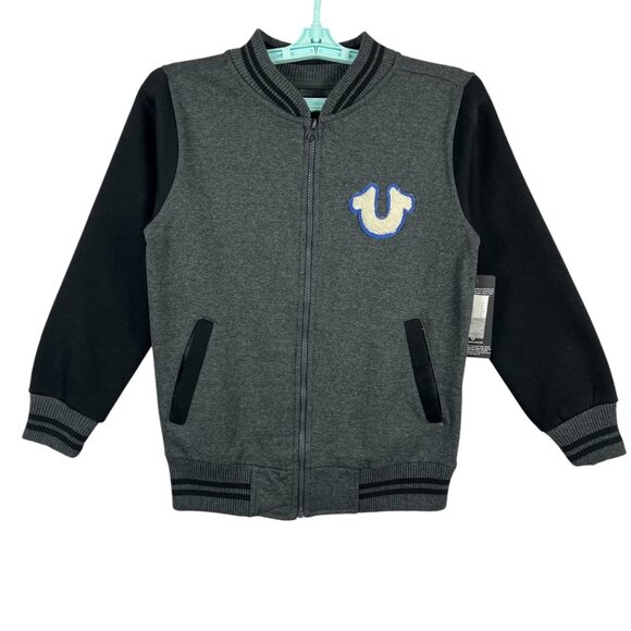 True Religion Boys Graphic Zip-Up Jacket M (10/12) Black & Gray Ribbed Trim NWT - Picture 1 of 11